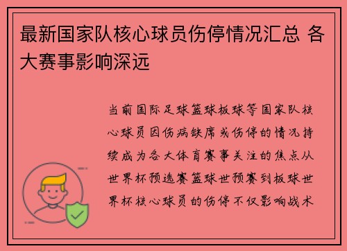 最新国家队核心球员伤停情况汇总 各大赛事影响深远